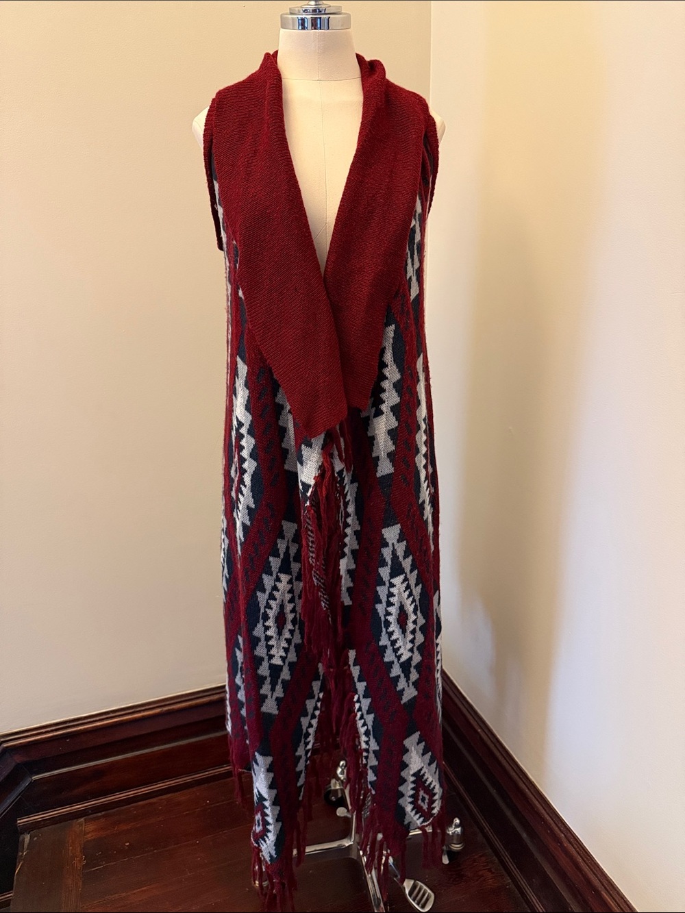 Altar'd State Maroon Geometric Fringe Open-Front Sweater Vest